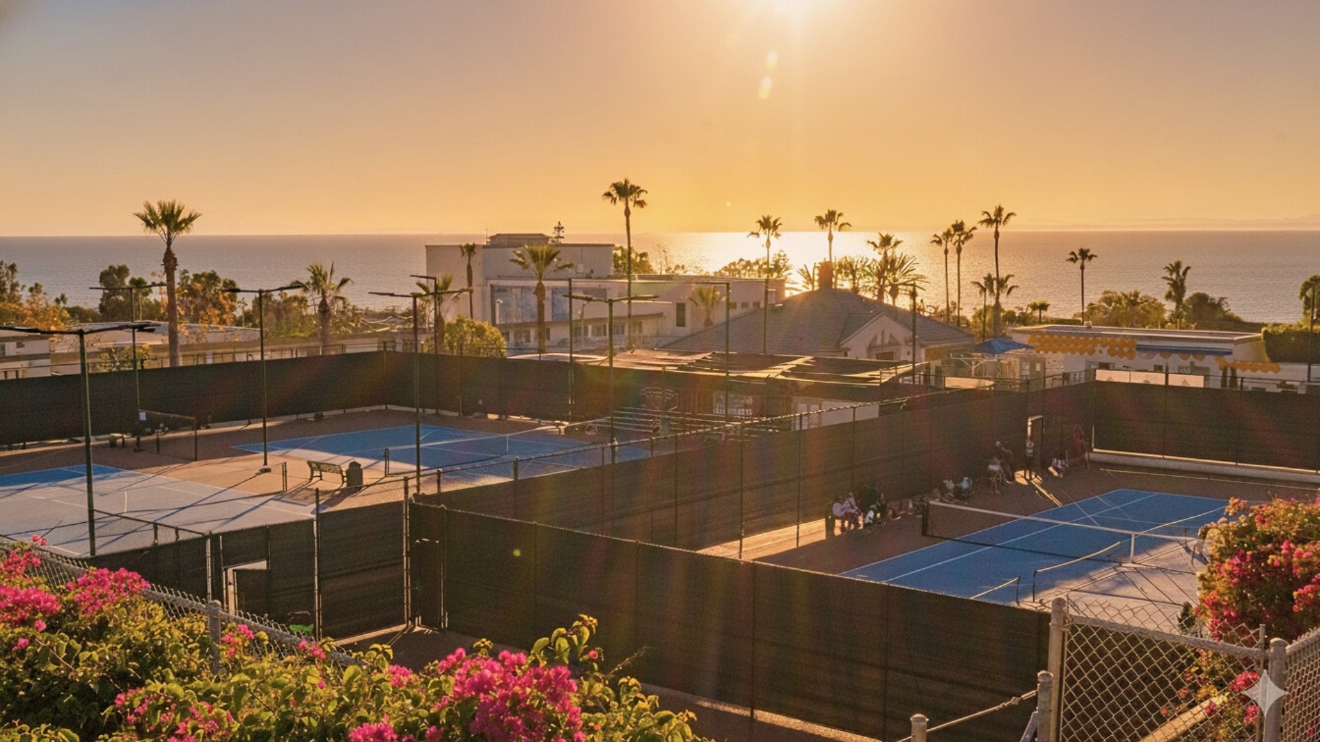 Elevated view of blue hard courts at golden hour with the Pacific horizon beyond